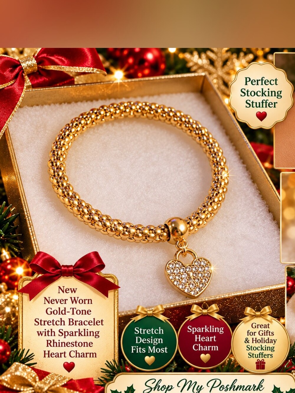 Gold-Tone Stretch Bracelet with Sparkling Rhinestone Heart Charm - Women